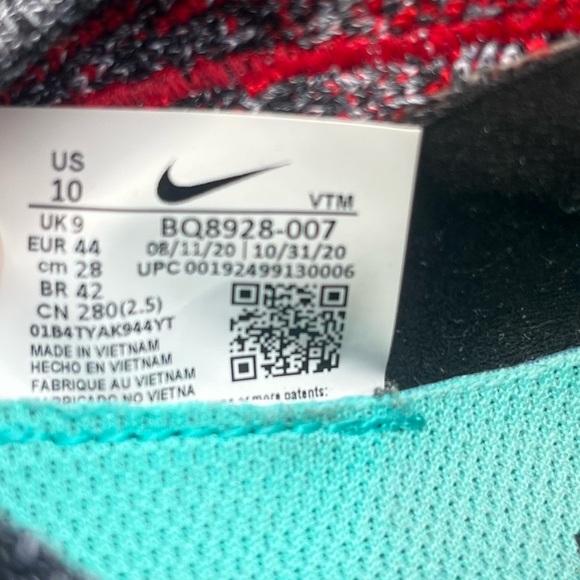 Nike Epic React Flyknit 2 Black Hyper Jade University Red Mens Size 10 - Picture 8 of 9